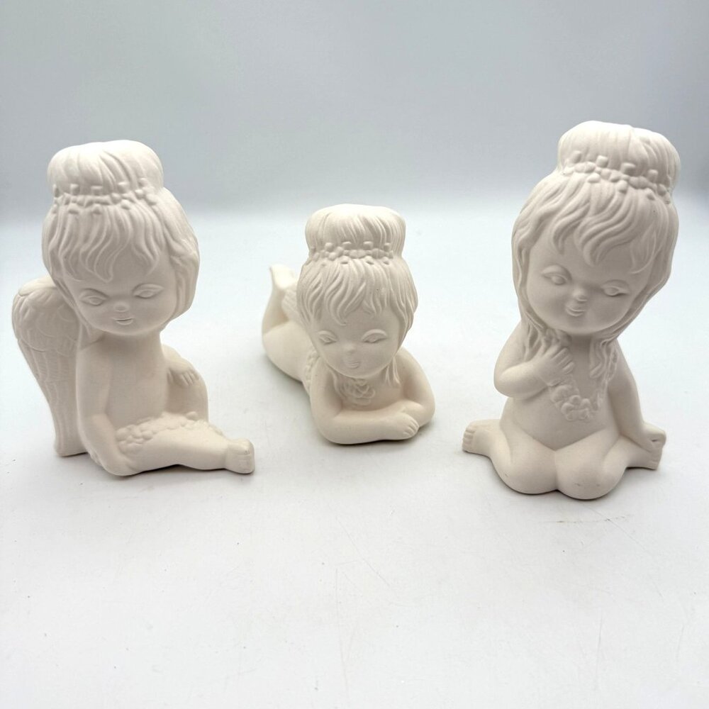 Vtg Ceramic Bisque Angel Figurines Sitting Kneeling Lying Down Greenware Set/3